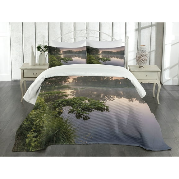 Ambesonne Forest Quilted Bedspread Set 3 Pcs, Lake Natura Netherlands, King Size, Green Purplegrey