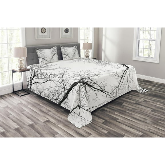 Ambesonne Forest Quilted Bedspread Set 3 Pcs, Leafless Scary Branches, King Size, Black and White