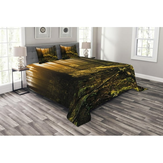 Ambesonne Forest Quilted Bedspread Set 3 Pcs, Misty Morning Sun Rays, Queen Size, Brown Fern Green