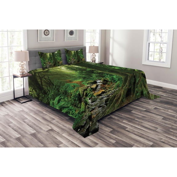 Ambesonne Forest Quilted Bedspread Set 3 Pcs, Moss on Trees Stream, Queen Size, Green