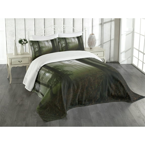 Ambesonne Forest Quilted Bedspread Set 3 Pcs, Mysterious Woods Foggy, King Size, White Green Brown