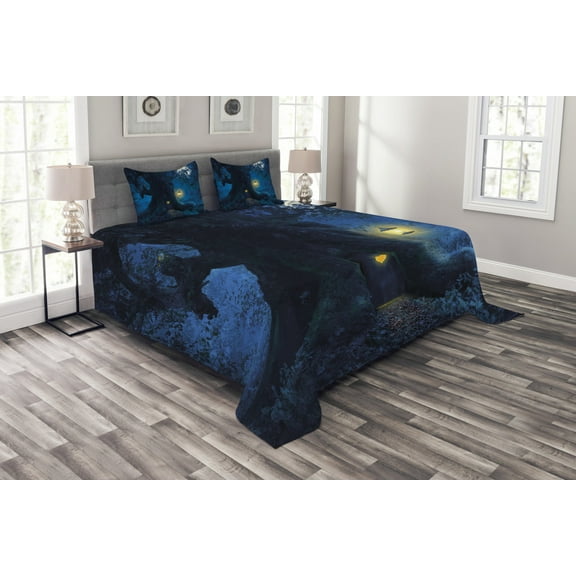 Ambesonne Forest Quilted Bedspread Set 3 Pcs, Night Tree Home, King Size, Dark Night Blue Mustard