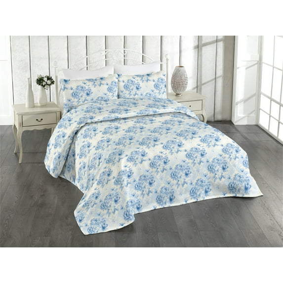 Ambesonne Forest Quilted Bedspread Set 3 Pcs, Old School Floral Pattern, Twin, Eggshell Violet Blue