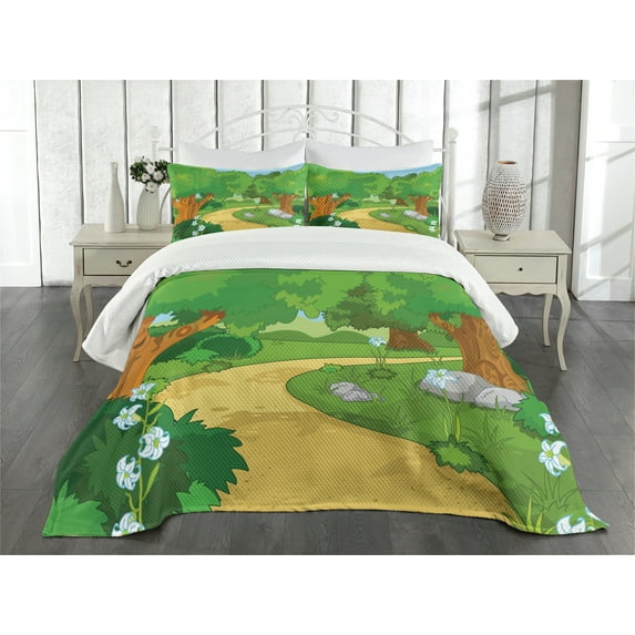 Ambesonne Forest Quilted Bedspread Set 3 Pcs, Pathway Flowers Trees, Queen Size, Multicolor