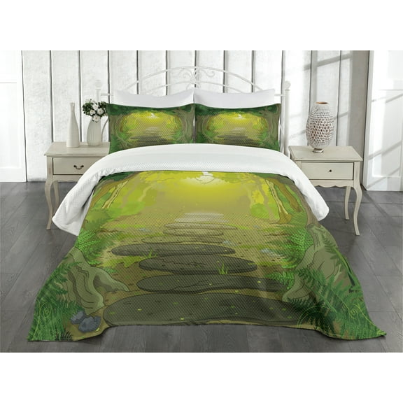 Ambesonne Forest Quilted Bedspread Set 3 Pcs, Pathway Trees, King Size, Fern Green Yellow