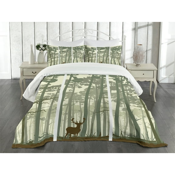 Ambesonne Forest Quilted Bedspread Set 3 Pcs, Pine Trees Deer Motif, Queen Size, Sage Green Cream Brown