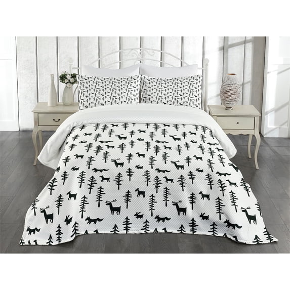 Ambesonne Forest Quilted Bedspread Set 3 Pcs, Pine Trees Rabbit Animal, King Size, Black White