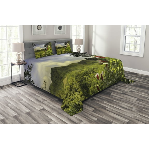 Ambesonne Forest Quilted Bedspread Set 3 Pcs, Rural Scenery Costa Rica, King Size, Green Red Violet Blue