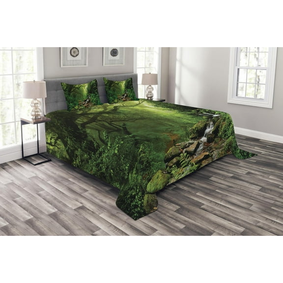 Ambesonne Forest Quilted Bedspread Set 3 Pcs, Spring in Nepal Footpath, Queen Size, Green Brown