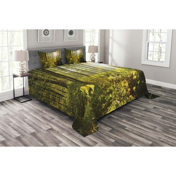 Ambesonne Forest Quilted Bedspread Set 3 Pcs, Sun Rays Woods Foliage, King Size, Green Yellow Brown