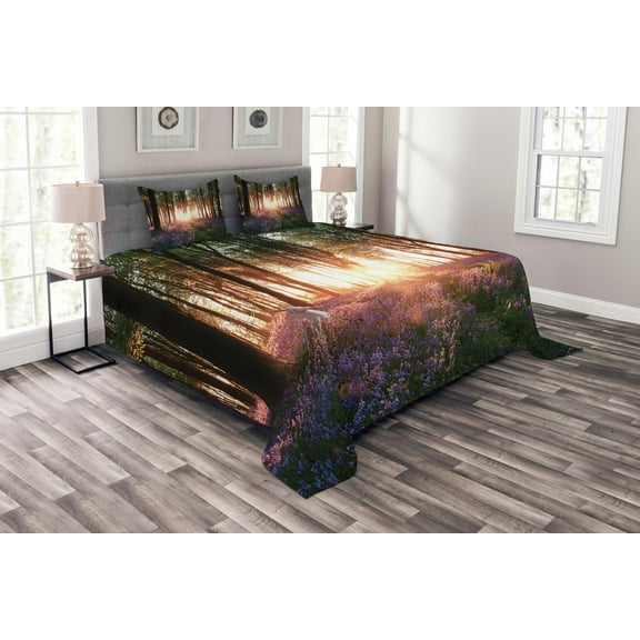 Ambesonne Forest Quilted Bedspread Set 3 Pcs, Sunrise Woods in Spring, Queen Size, Purple Green
