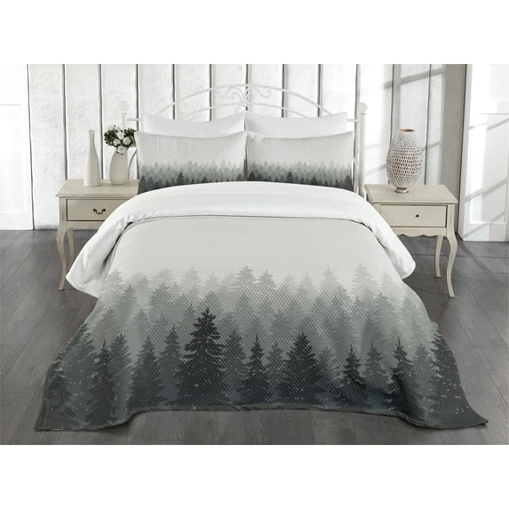Ambesonne Forest Quilted Bedspread Set 3 Pcs, Wilderness Theme Foliage, King Size, Pale Grey Dark Grey