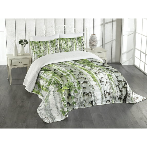 Ambesonne Forest Quilted Bedspread Set 3 Pcs, Wildlife Nature Summer, Queen Size, White Green