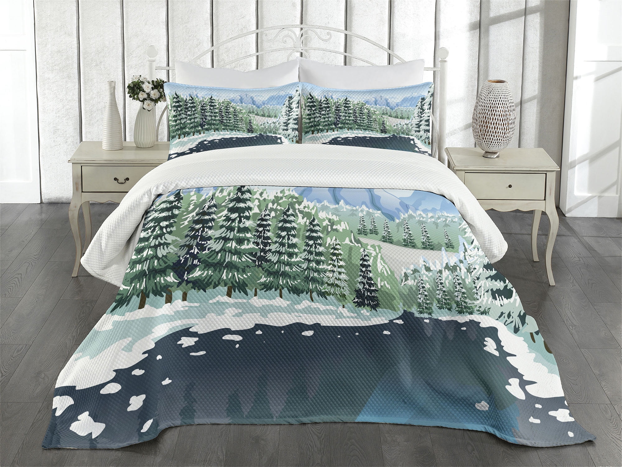 King Size White Quilted Bedspread Set with Forest Print