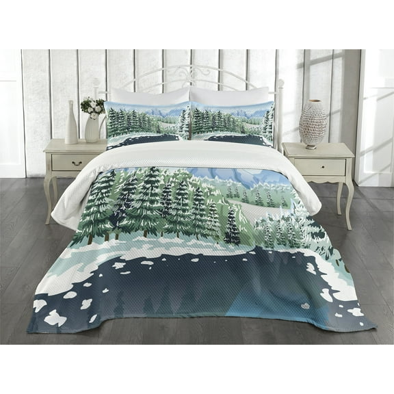 Ambesonne Forest Quilted Bedspread Set 3 Pcs, Winter Season Trees, Queen Size, Green Blue White