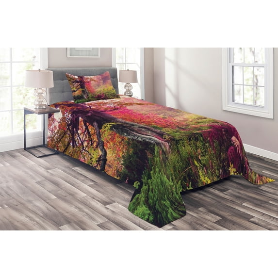Ambesonne Forest Quilted Coverlet 2 Pcs, Majestic Autumn Trees, Twin Size, Red Green Brown