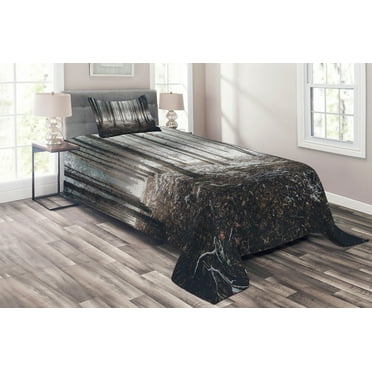 Ambesonne Forest Quilted Coverlet 2 Pcs, Nature Mystic Dark, Twin Size, Brown White