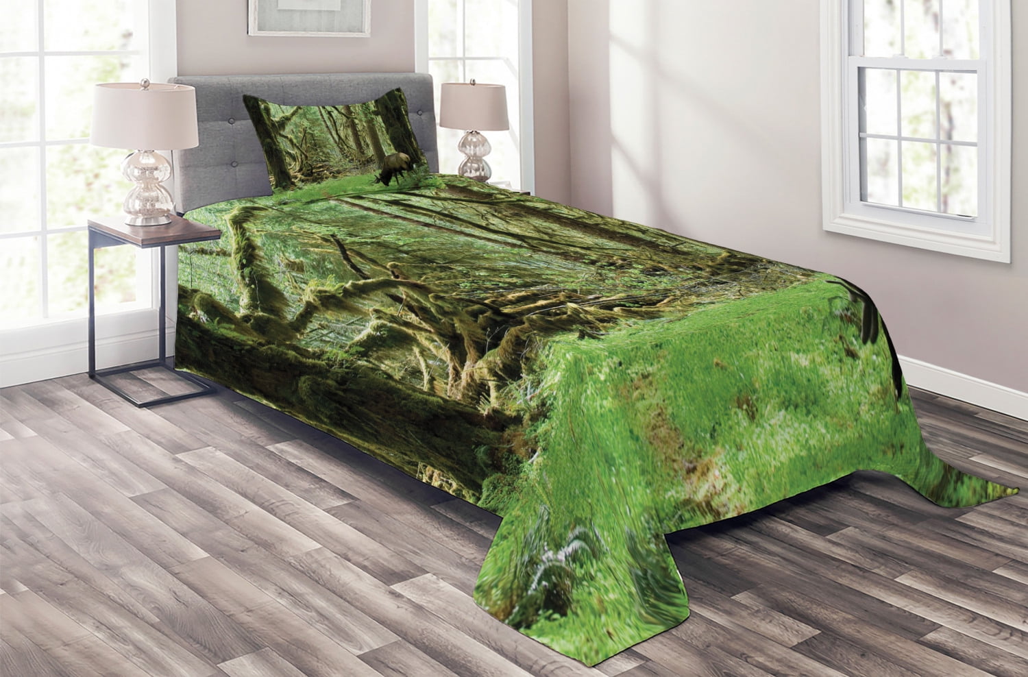 Twin Green Forest Polyester Quilted Bedspread Set