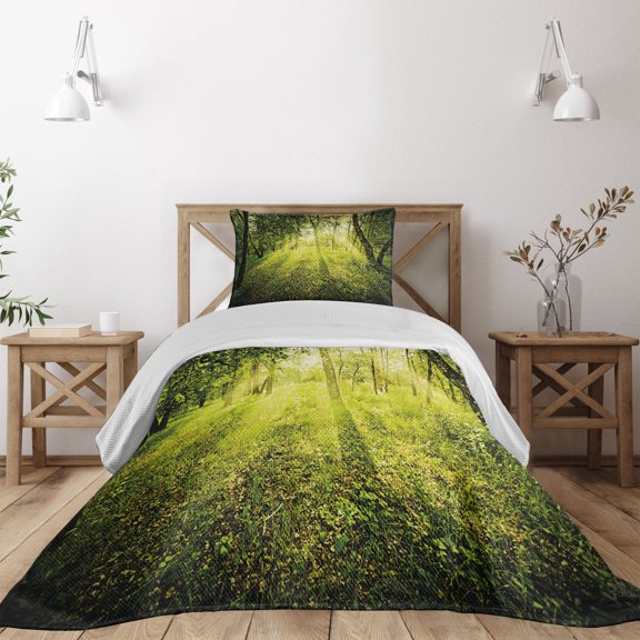 Ambesonne Forest Quilted Coverlet 2 Pcs, Scenic Morning in Nature, Twin Size, Green