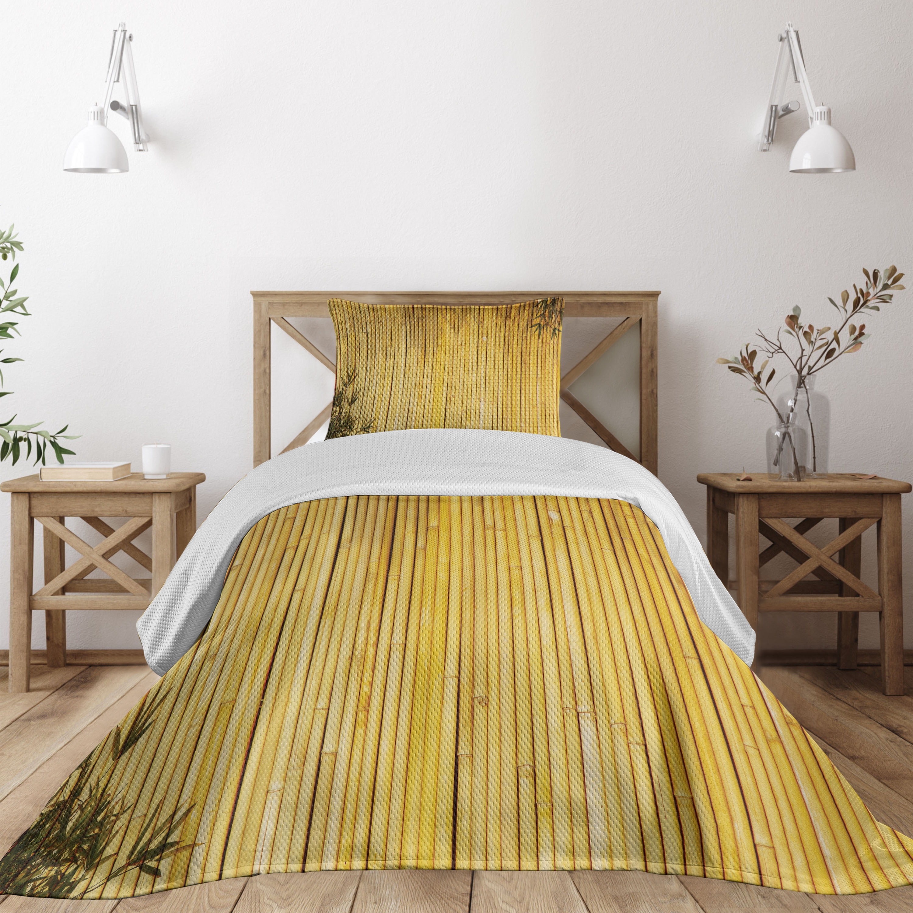 Twin Yellow Bamboo Pattern Quilted Bedspread Set