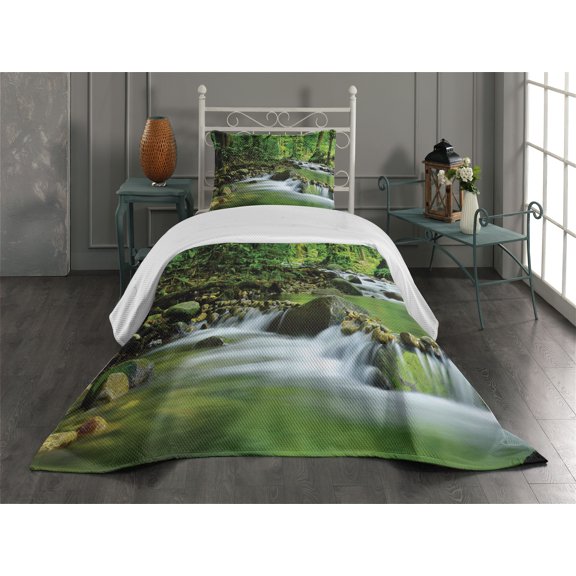 Ambesonne Forest Quilted Coverlet 2 Pcs, Tropic Mountain Stream, Twin Size, Green Brown