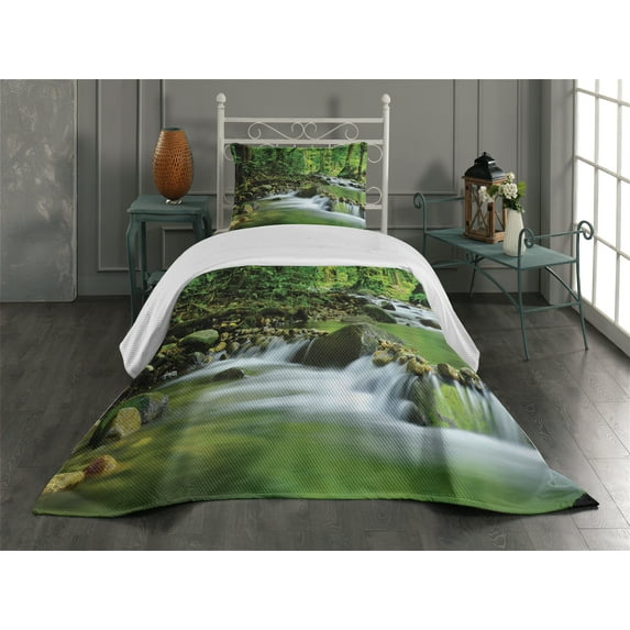 Ambesonne Forest Quilted Coverlet 2 Pcs, Tropic Mountain Stream, Twin Size, Green Brown