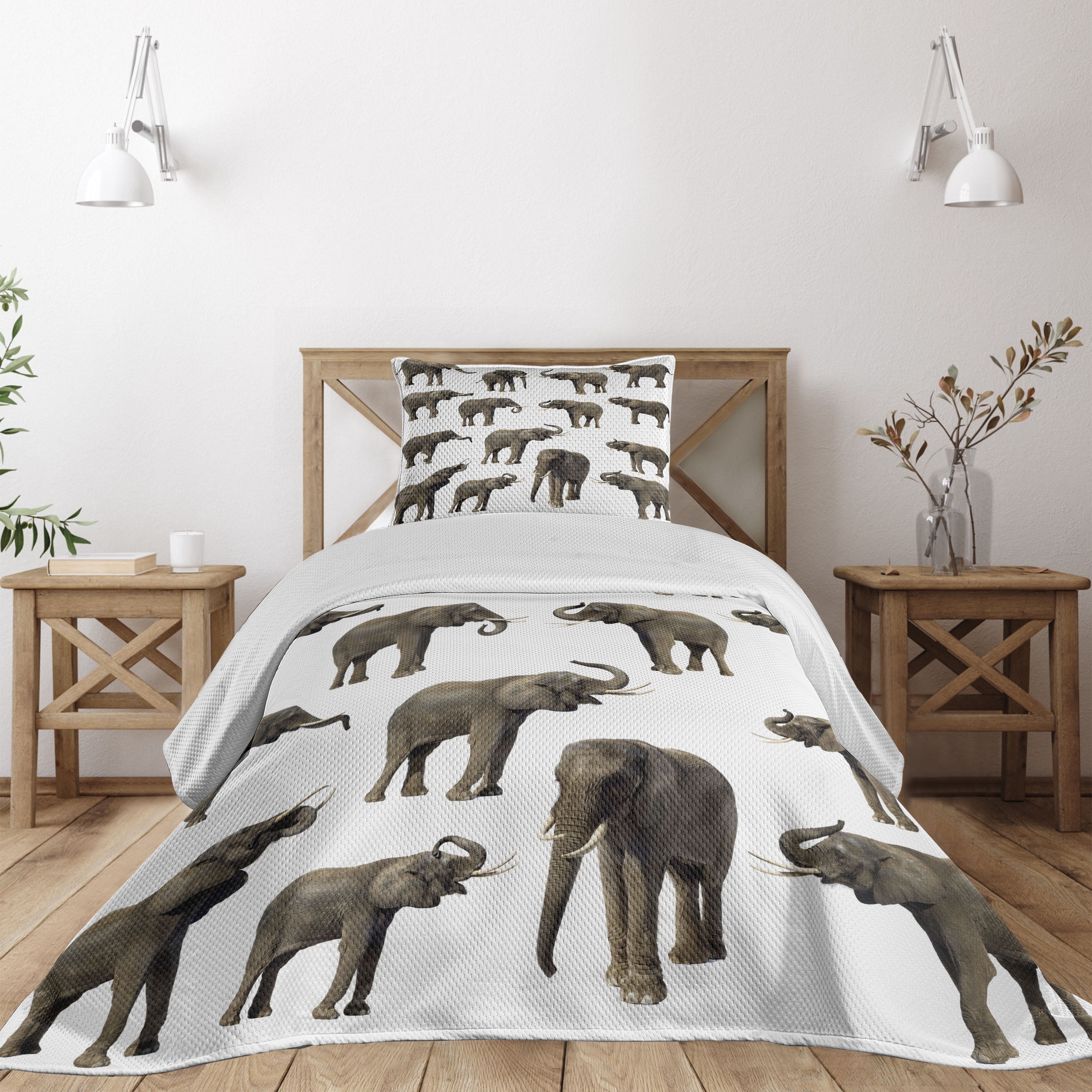 White Twin Quilted Elephant Bedspread Set