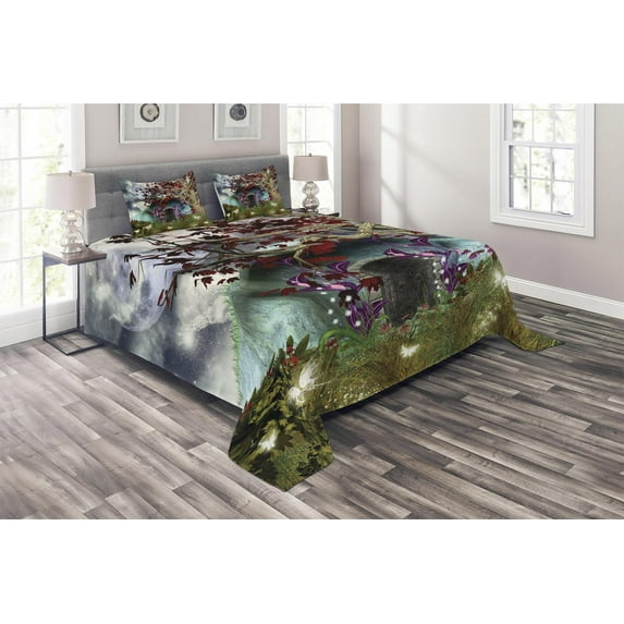 Ambesonne Forest Quilted Coverlet 3 Pcs, Abstract Goth Tree and Cave, King Size, Multicolor