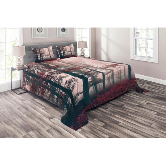 Ambesonne Forest Quilted Coverlet 3 Pcs, Autumn Fall Nature Woods, King Size, Brown Grey and Red