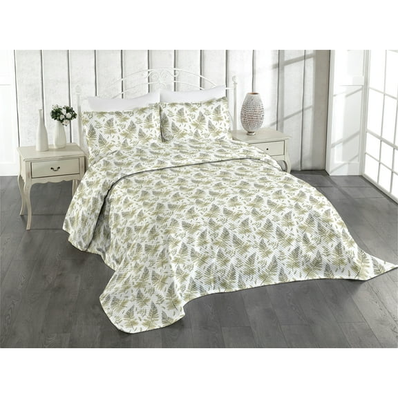 Ambesonne Forest Quilted Coverlet 3 Pcs, Branches Fern Leaves Motifs, King Size, White and Green
