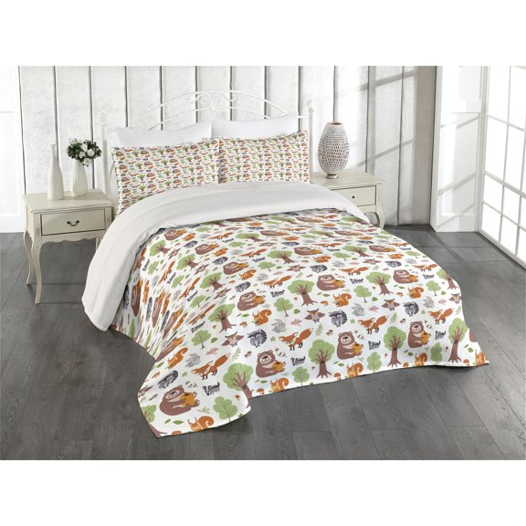 Ambesonne Forest Quilted Coverlet 3 Pcs, Doodle Woodland Animals, King Size, Multicolor