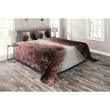Ambesonne Forest Quilted Coverlet 3 Pcs, Nature Exotic, Queen Size, Pale Pink Pale Grey