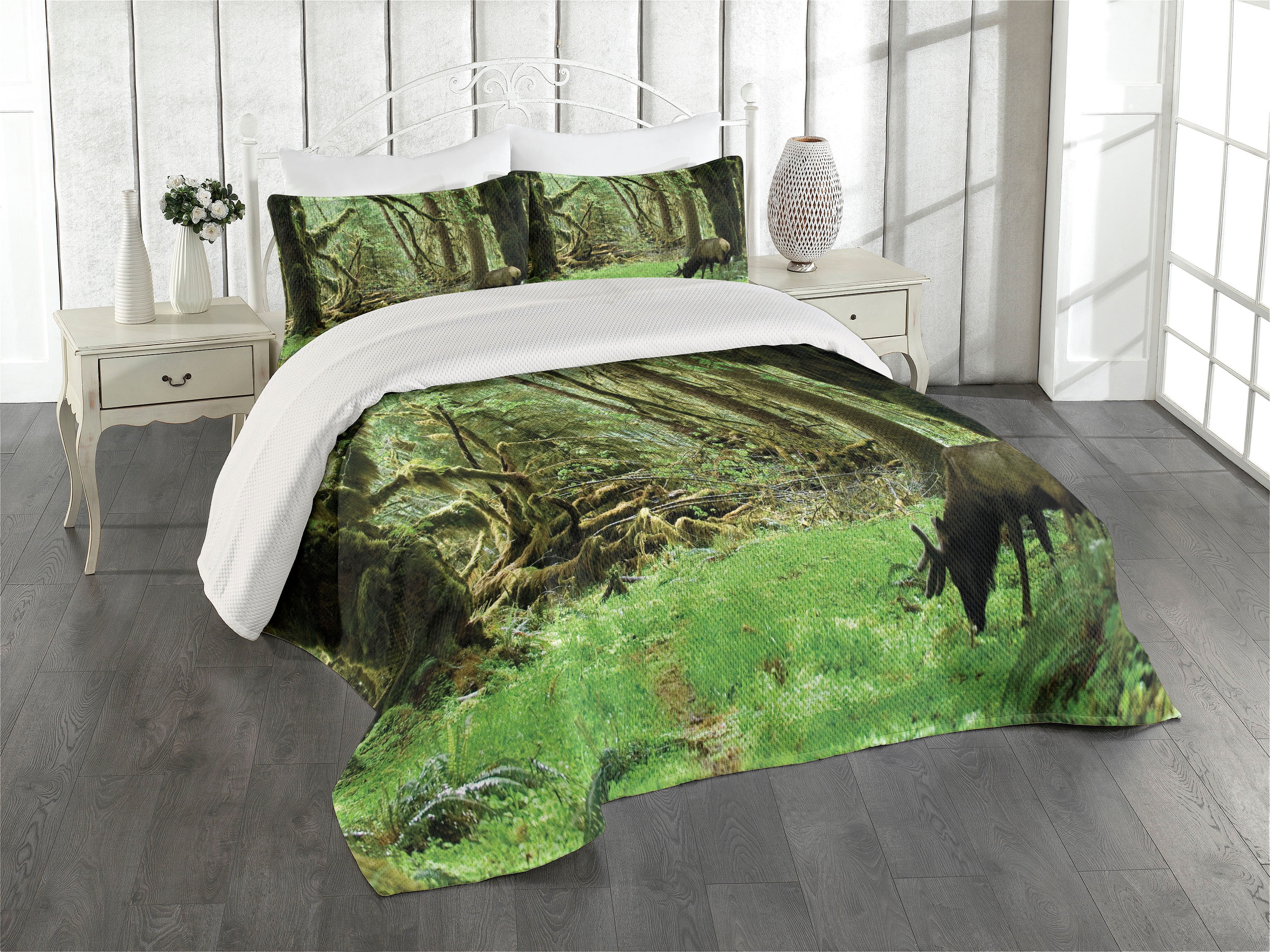 Forest Green Quilted Queen Bedspread Set with Shams