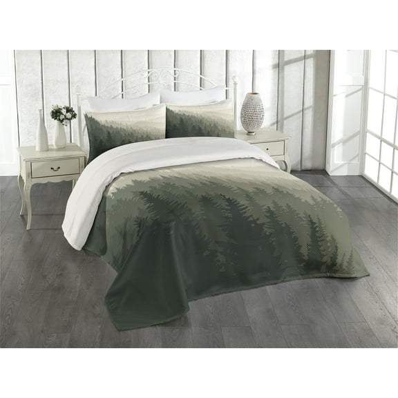 Ambesonne Forest Quilted Coverlet 3 Pcs, Scandinavian Nature, King Size, Cream Tan Dark Green