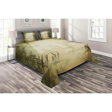 Ambesonne Forest Quilted Coverlet 3 Pcs, Sunbeams, Queen Size, Pale Yellow Black