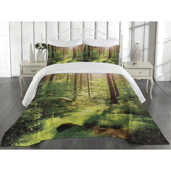 Ambesonne Forest Quilted Coverlet 3 Pcs, Sunset Moss Woods Trees, Queen Size, Green Brown