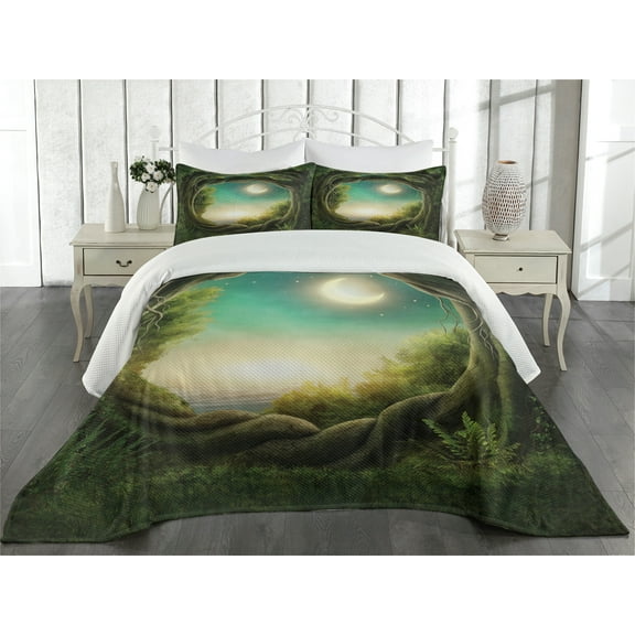 Ambesonne Forest Quilted Coverlet 3 Pcs, Tree, King Size, Cream Green Teal