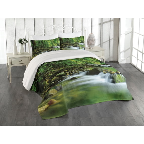 Ambesonne Forest Quilted Coverlet 3 Pcs, Tropic Mountain Stream, King Size, Green Brown