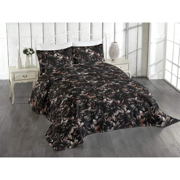 Ambesonne Forest Quilted Coverlet 3 Pcs, Wild Nature Floral Pattern, Queen Size, Charcoal Grey and Pale Tan