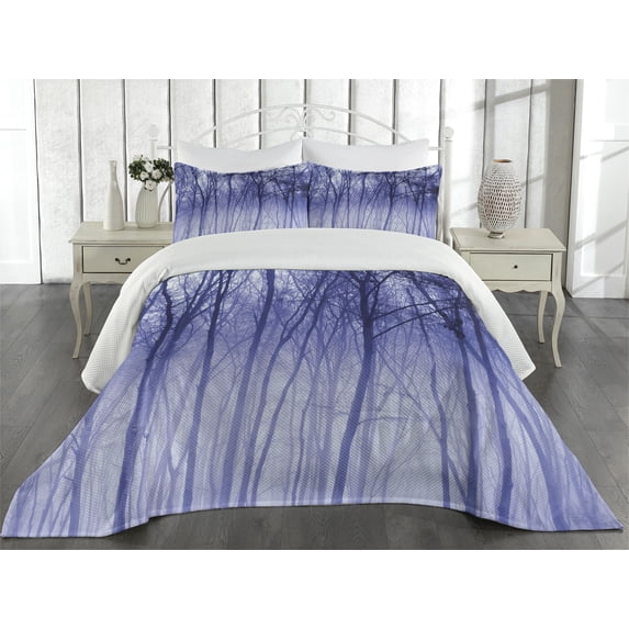 Ambesonne Forest Quilted Coverlet 3 Pcs, Winter Woodland Foggy, King Size, Purple Black Grey