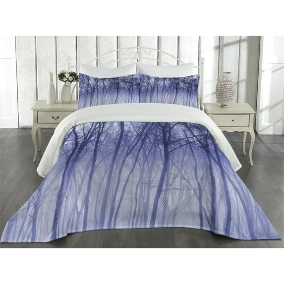 Ambesonne Forest Quilted Coverlet 3 Pcs, Winter Woodland Foggy, Queen Size, Purple Black Grey