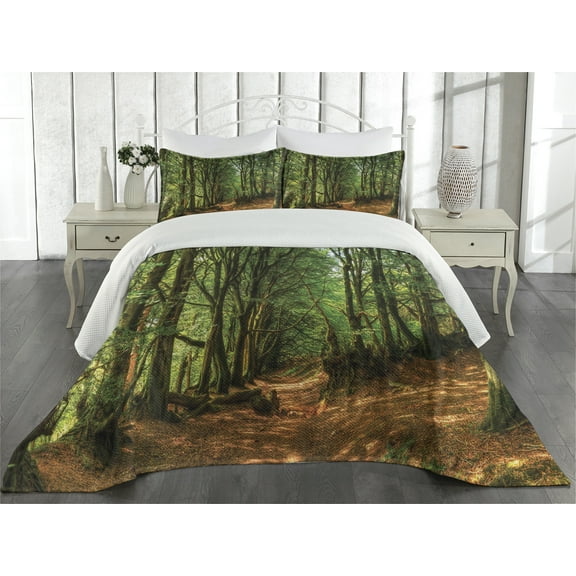 Ambesonne Forest Quilted Coverlet 3 Pcs, Woodland Pathway Scene, King Size, Green Brown