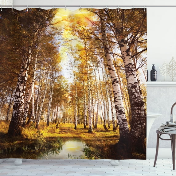 Ambesonne Forest Shower Curtain, Autumn Birch Trees River, 69"Wx84"L, Yellow Brown White