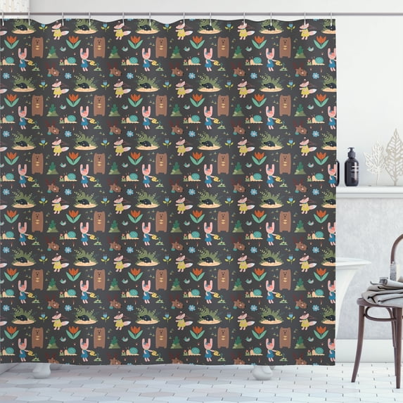 Ambesonne Forest Shower Curtain, Digital Drawn Bear Rabbit, 69"Wx75"L, Cocoa and Pale Earth Yellow