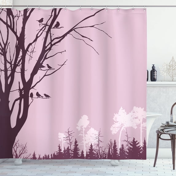 Ambesonne Forest Shower Curtain, Nature Panorama Forest Print, 69"Wx70"L, Eggplant Blush