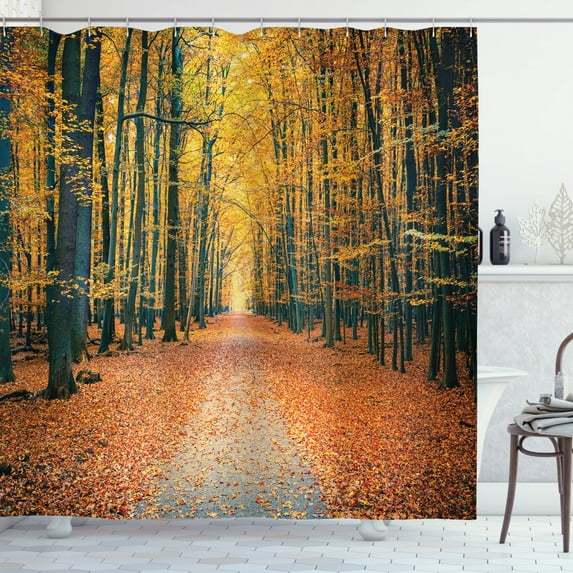 Ambesonne Forest Shower Curtain, Romantic Alley Woods, 69"Wx84"L, Slate Blue Orange Yellow