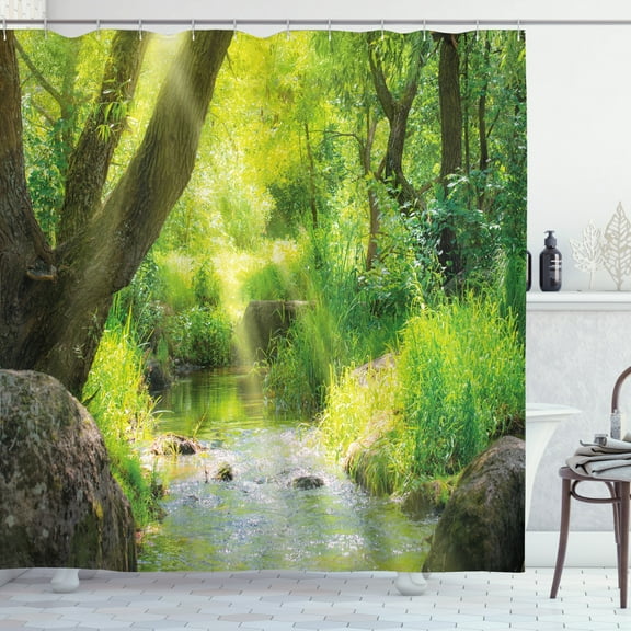 Ambesonne Forest Shower Curtain, Stream Cascade Tropical, 69"Wx84"L, Brown Lime Green