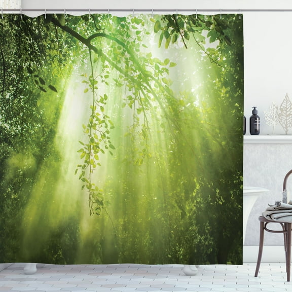Ambesonne Forest Shower Curtain, Sunbeams in Woodland, 69"Wx75"L, Green