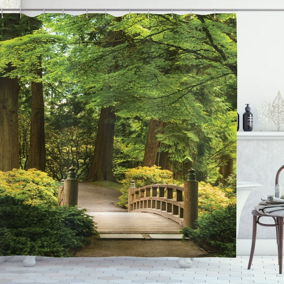 Ambesonne Forest Shower Curtain, Wooden Bridge over Pond, 69"Wx75"L, Green Brown