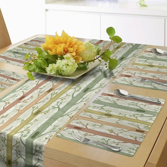 Ambesonne Forest Table Runner & Placemats, Bird Nest Trees Leaves Art, Placemat 4 pcs + Runner 14"x72", Ivory and Multicolor